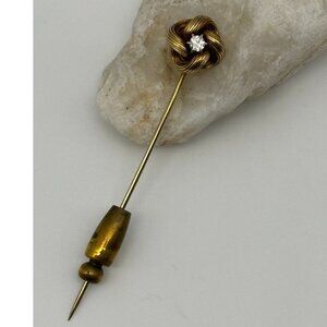 Antique 14K Gold and Diamond Love Knot Stick Pin, with Screw Stopper, Marked